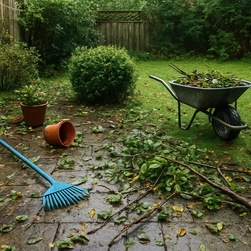 Tuin schoonmaken na storm of regen